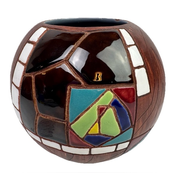 VTG MCM Keramos 756Hand-Painted5” Mosaic Vase Made In Israel Pottery Marked